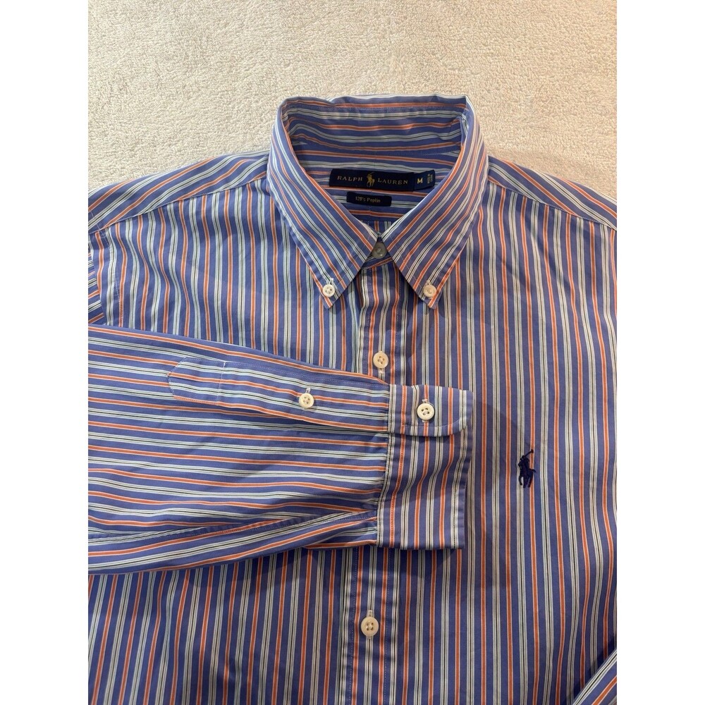 Ralph Lauren 120's Poplin Mens Medium Shirt Long Sleeve Button Down Blue Striped